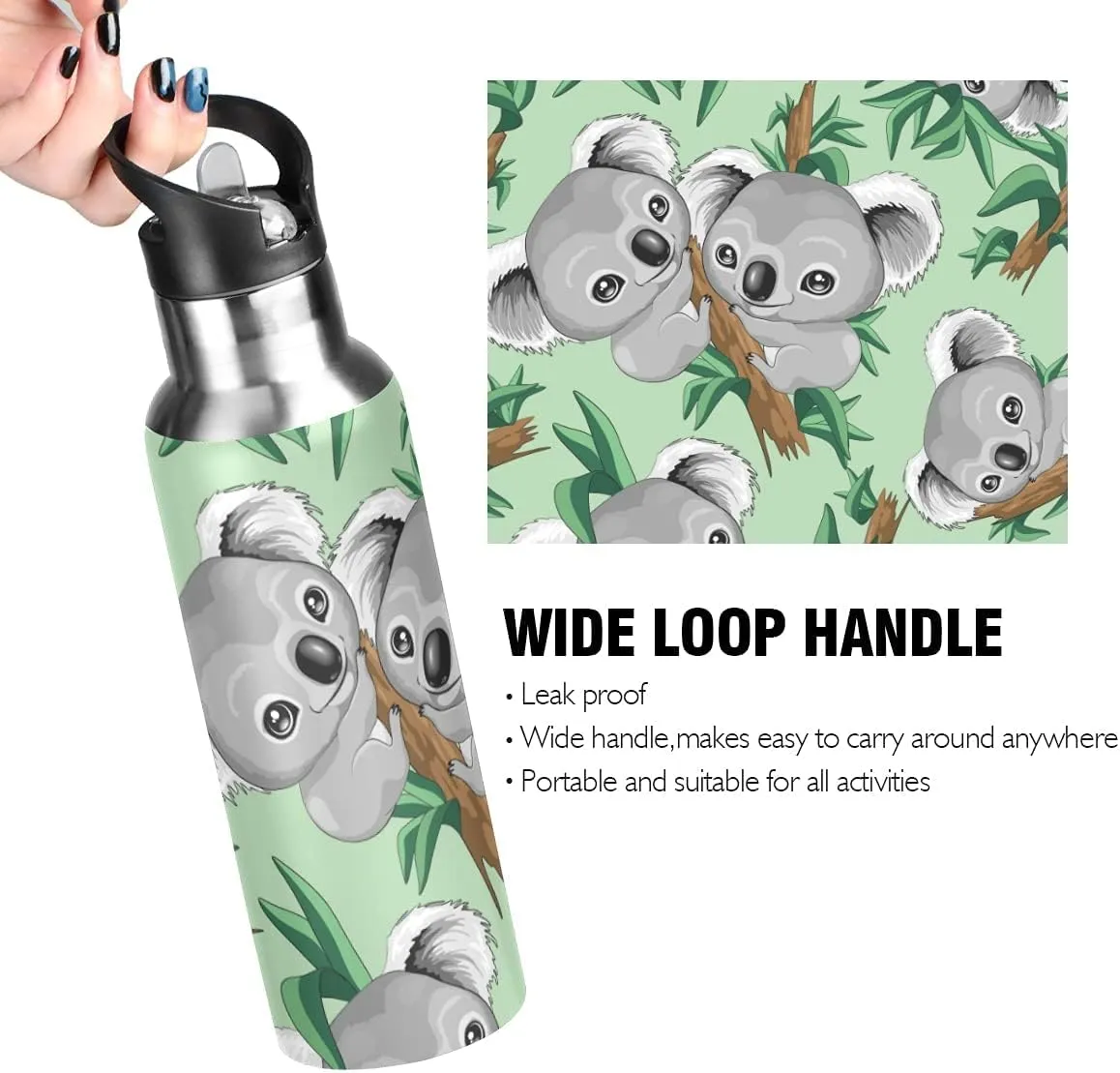 Koala Water Bottle Kids Koala Bottle with Straw Lid Leakproof Cute Animal Print Girls Insulated Stainless Steel Water Flask for Sport Gym Outdoor 20 oz Green