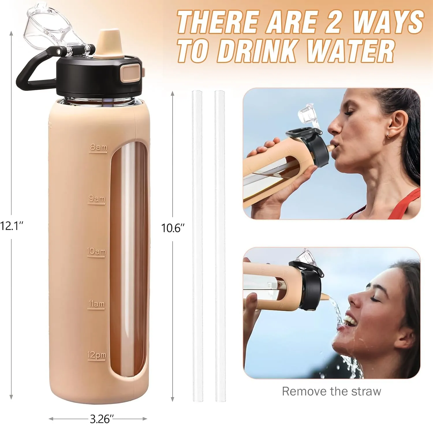 Kodrine 32 oz Glass Water Bottle with Straw and Carry Loop, One-Touch Leakproof Locking Lid, Reusable Drinking Bottle with Time Marker for Travel Home Gym Sports (Amber)