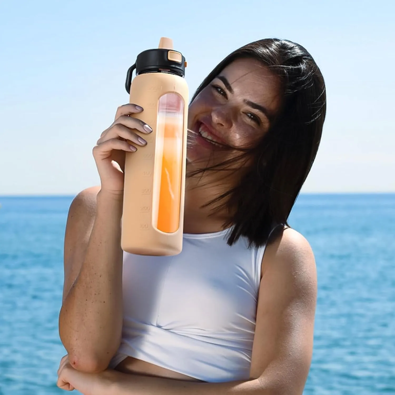 Kodrine 32 oz Glass Water Bottle with Straw and Carry Loop, One-Touch Leakproof Locking Lid, Reusable Drinking Bottle with Time Marker for Travel Home Gym Sports (Amber)
