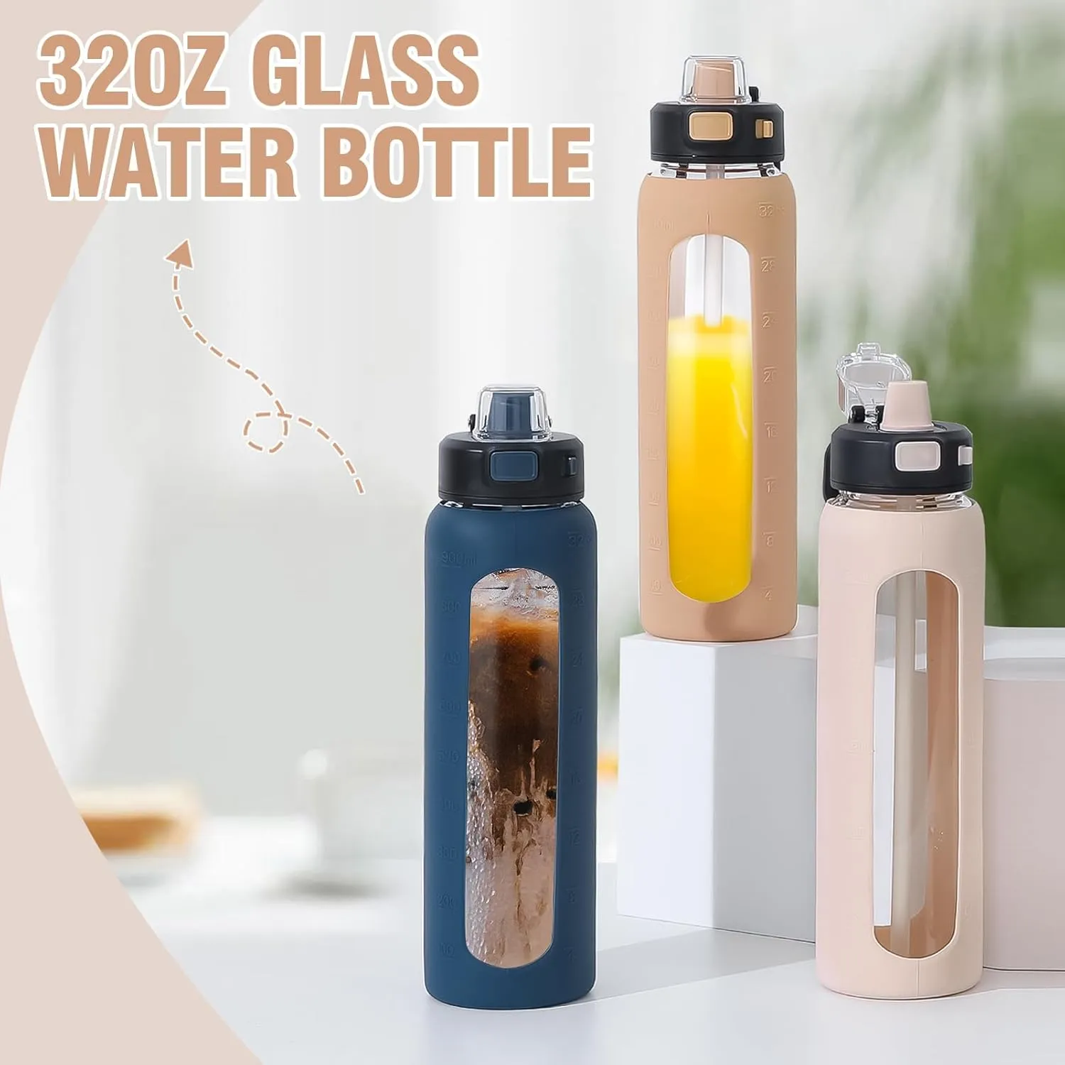 Kodrine 32 oz Glass Water Bottle with Straw and Carry Loop, One-Touch Leakproof Locking Lid, Reusable Drinking Bottle with Time Marker for Travel Home Gym Sports (Amber)