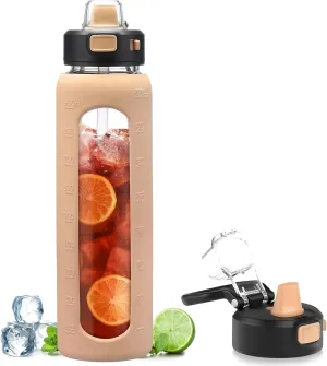 Kodrine 32 oz Glass Water Bottle with Straw and Carry Loop, One-Touch Leakproof Locking Lid, Reusable Drinking Bottle with Time Marker for Travel Home Gym Sports (Amber)