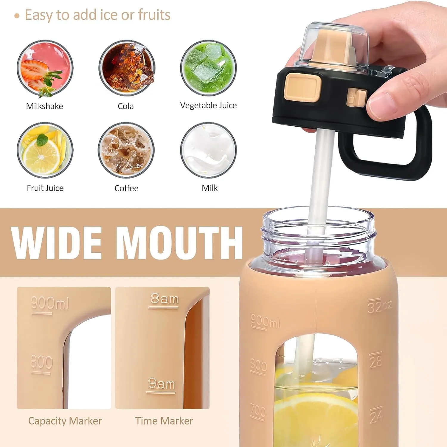 Kodrine 32 oz Glass Water Bottle with Straw and Carry Loop, One-Touch Leakproof Locking Lid, Reusable Drinking Bottle with Time Marker for Travel Home Gym Sports (Amber)