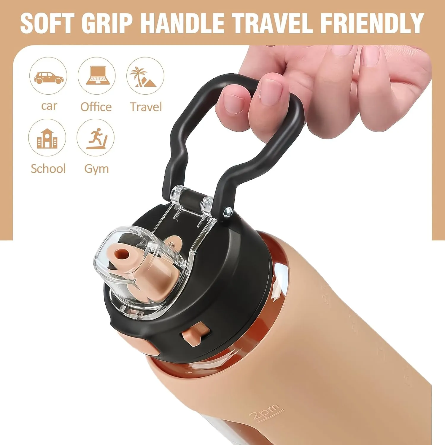 Kodrine 32 oz Glass Water Bottle with Straw and Carry Loop, One-Touch Leakproof Locking Lid, Reusable Drinking Bottle with Time Marker for Travel Home Gym Sports (Amber)