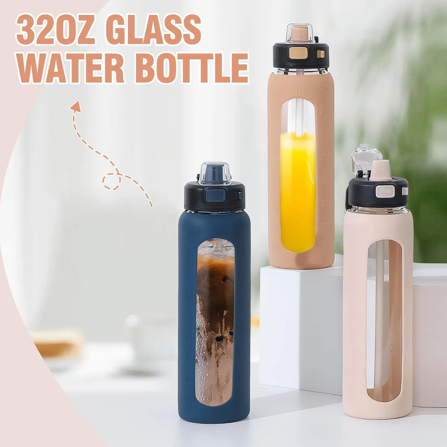 Kodrine 32 oz Glass Water Bottle with Straw and Carry Loop, One-Touch Leakproof Locking Lid, Reusable Drinking Bottle with Time Marker for Travel Home Gym Sports (Pink)