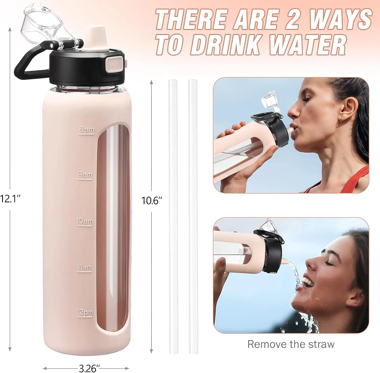 Kodrine 32 oz Glass Water Bottle with Straw and Carry Loop, One-Touch Leakproof Locking Lid, Reusable Drinking Bottle with Time Marker for Travel Home Gym Sports (Pink)