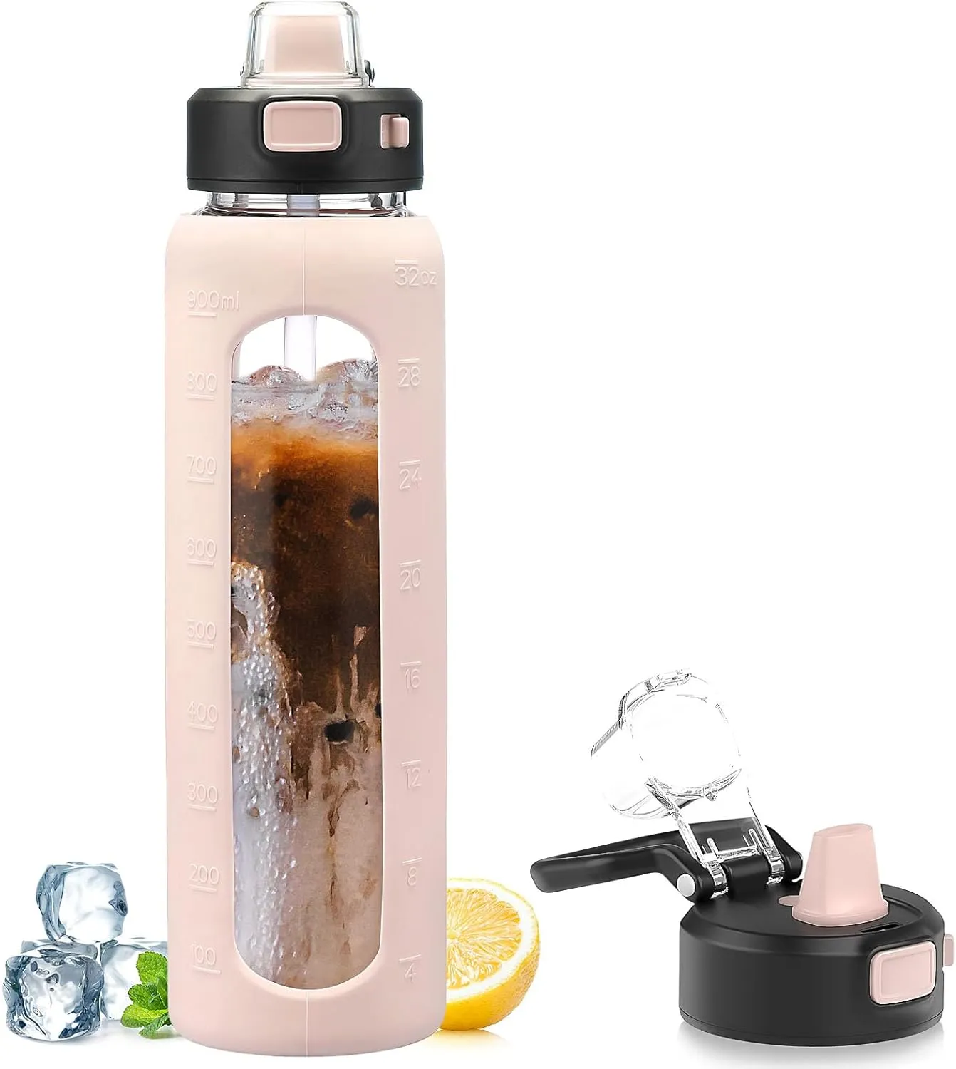 Kodrine 32 oz Glass Water Bottle with Straw and Carry Loop, One-Touch Leakproof Locking Lid, Reusable Drinking Bottle with Time Marker for Travel Home Gym Sports (Pink)