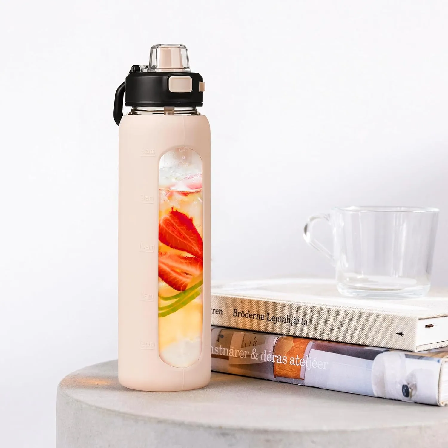 Kodrine 32 oz Glass Water Bottle with Straw and Carry Loop, One-Touch Leakproof Locking Lid, Reusable Drinking Bottle with Time Marker for Travel Home Gym Sports (Pink)