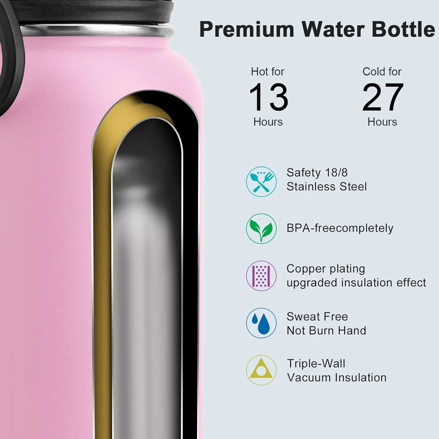 koodee Insulated Water Bottle, 32 oz Stainless Steel Double Wall Vacuum Wide Mouth Sport Bottle with Leakproof Spout Lid (Pink)