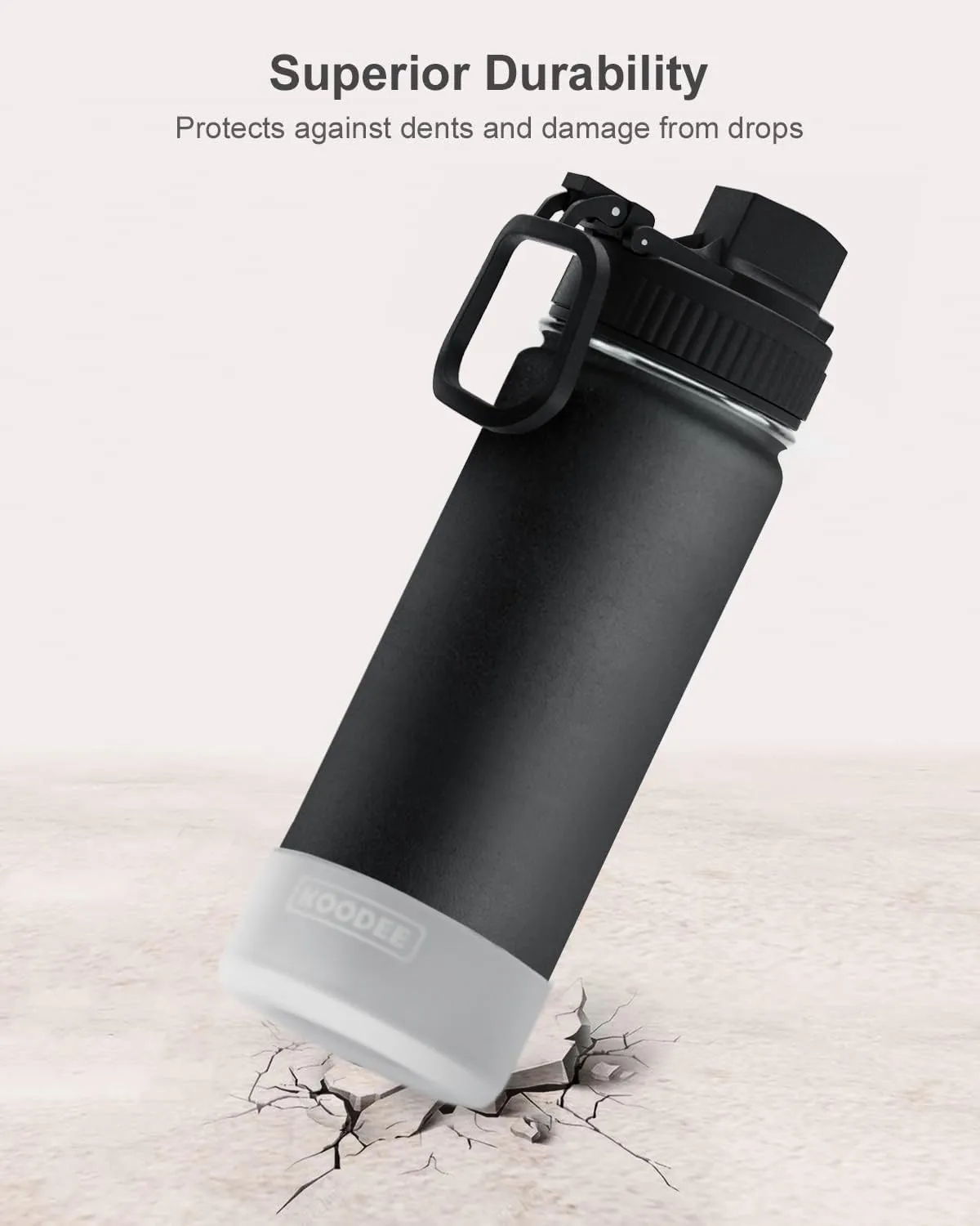Koodee Water Bottle for Boy 16 oz Stainless Steel Vacuum Insulated Wide Mouth Sports Water Bottle with Straw Lid-Reusable Metal Water Flask BPA Free (Black)
