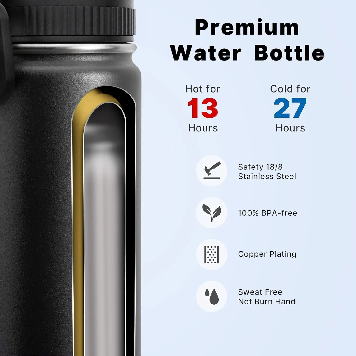 Koodee Water Bottle for Boy 16 oz Stainless Steel Vacuum Insulated Wide Mouth Sports Water Bottle with Straw Lid-Reusable Metal Water Flask BPA Free (Black)