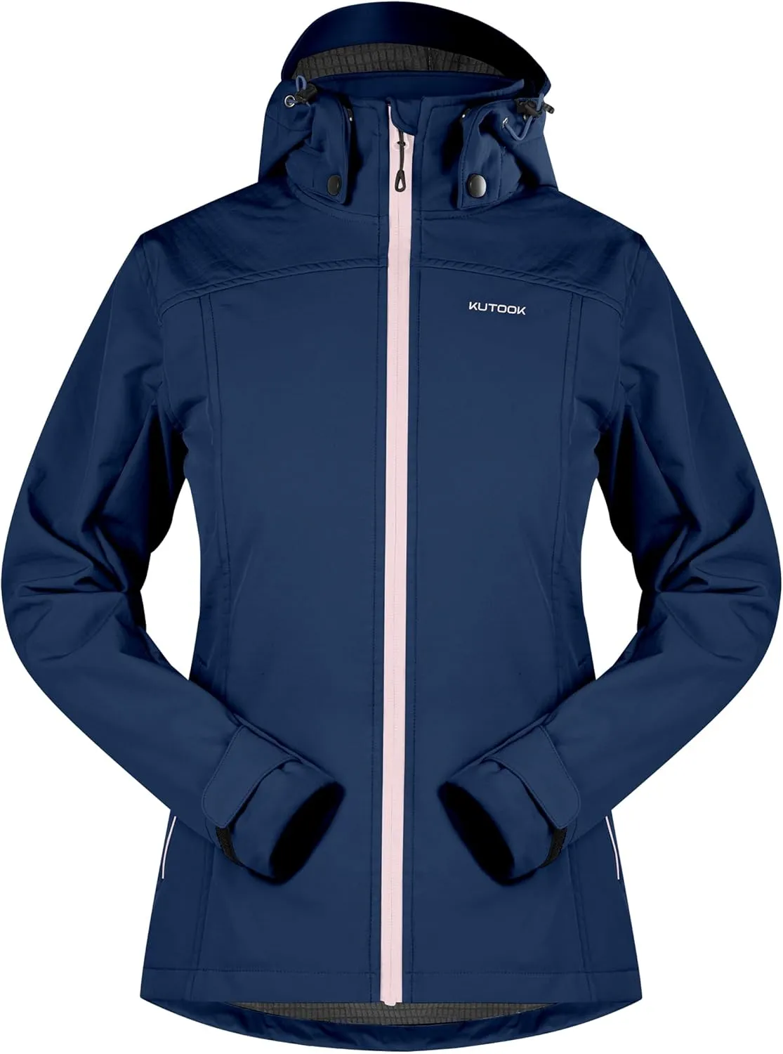 KUTOOK Women's Lightweight Softshell Jacket Fleece Lined Removable Hood with Zipper Pockets for Hiking Running Travel