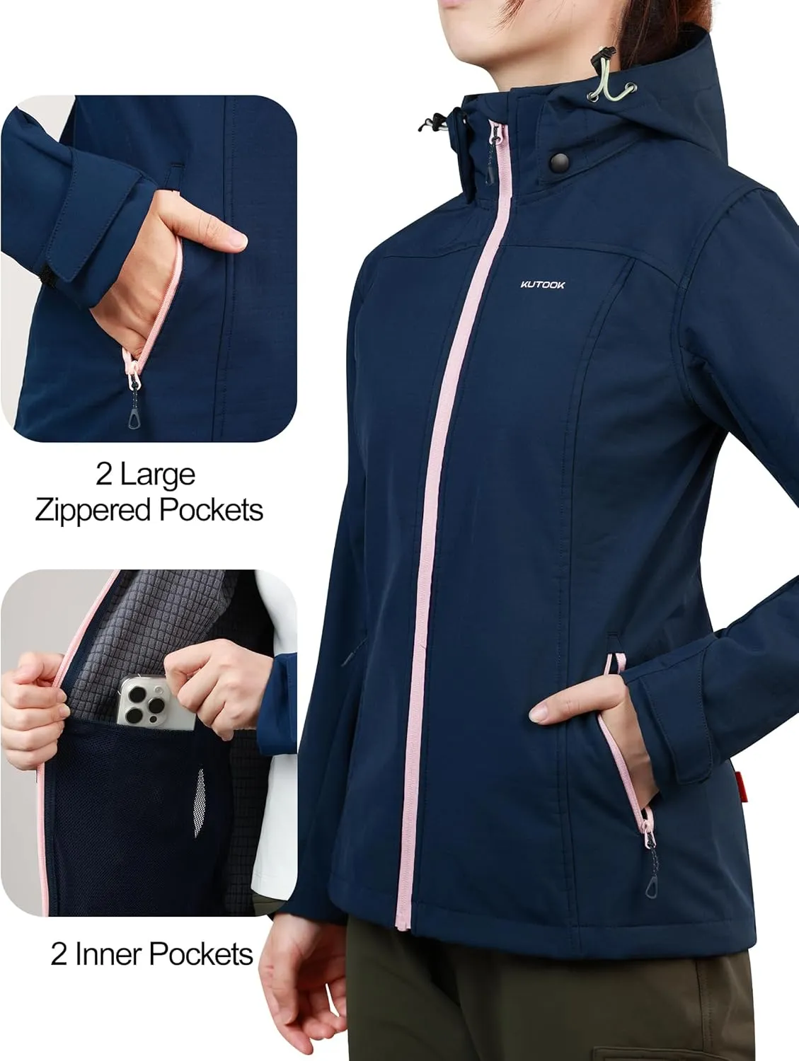 KUTOOK Women's Lightweight Softshell Jacket Fleece Lined Removable Hood with Zipper Pockets for Hiking Running Travel