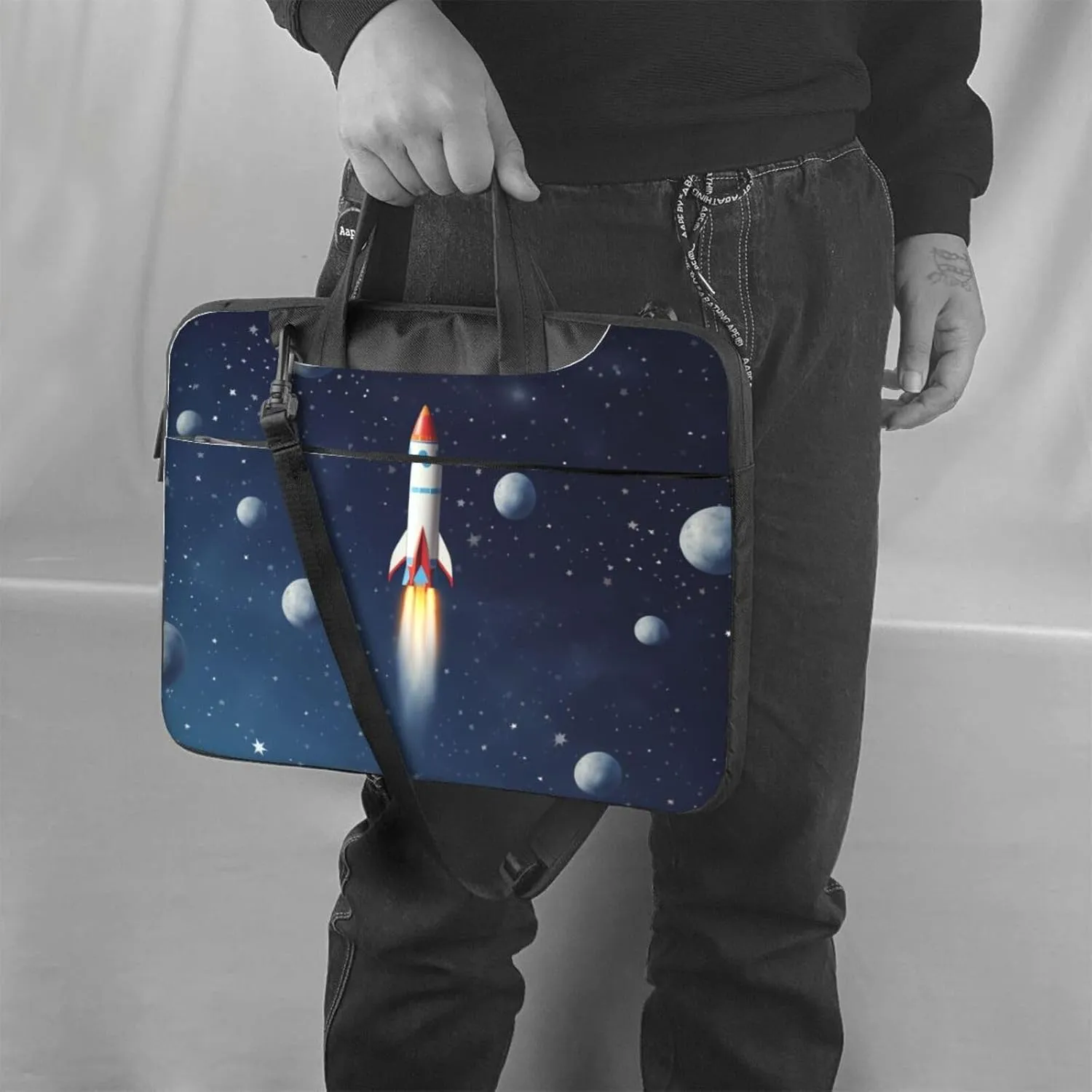 Laptop Shoulder Bag For Men Women,Waterproof Briefcase Messenger Bag Rocket In Space Laptop Sleeve Bag W/Strap Handle