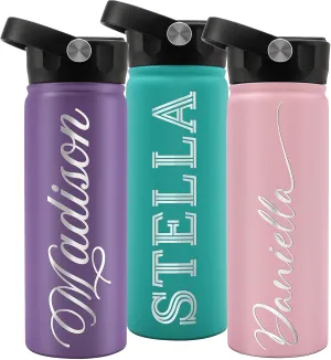 Lara Laser Works Personalized Water Bottle with Straw Lid, 3 Sizes & 9 Colors - Birthday Gifts for Women | Custom Stainless Steel Sports Water Bottle w/Name, Text - Double Wall Insulated