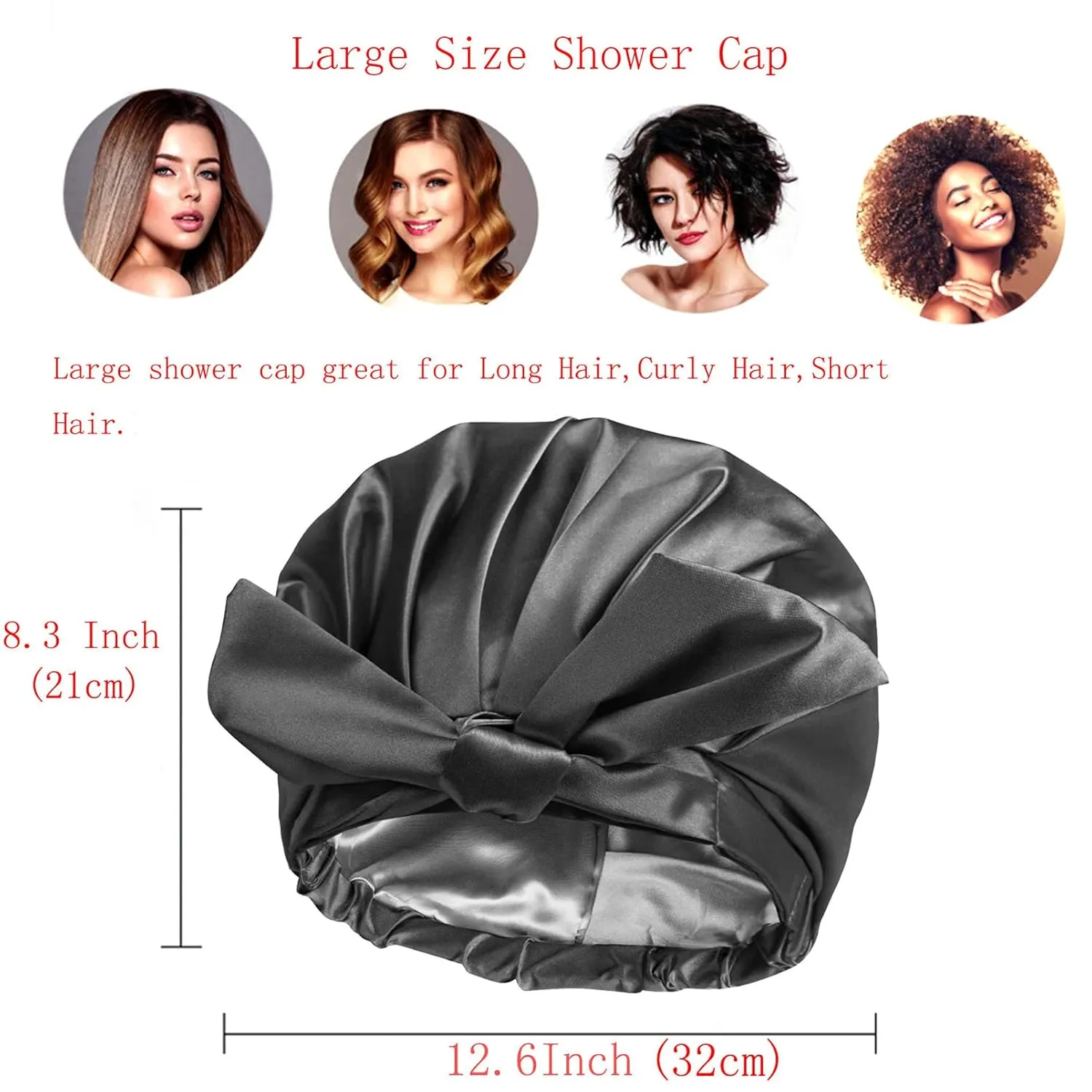 Large Reusable Waterproof Adjustable Shower Cap with Silk Satin Lined Luxury Shower Cap for Long Hair (Black)