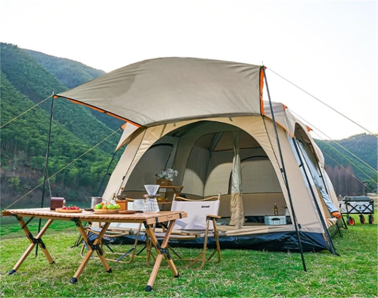 Large Tent with Two Rooms and One Living Room, Outdoor Folding Portable Windproof Camping, Thickened Rainproof, Outdoor Overnight Camping