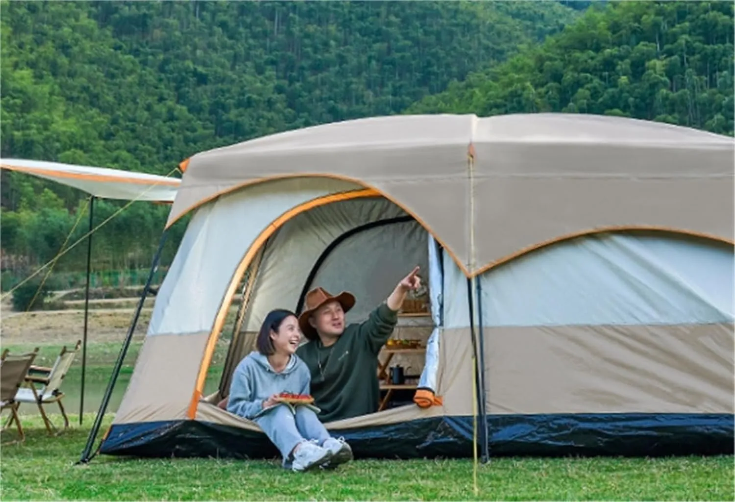 Large Tent with Two Rooms and One Living Room, Outdoor Folding Portable Windproof Camping, Thickened Rainproof, Outdoor Overnight Camping