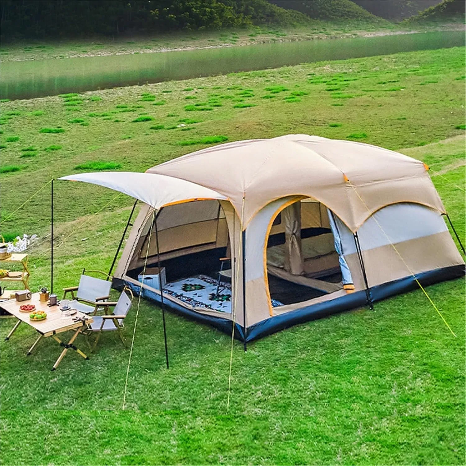 Large Tent with Two Rooms and One Living Room, Outdoor Folding Portable Windproof Camping, Thickened Rainproof, Outdoor Overnight Camping