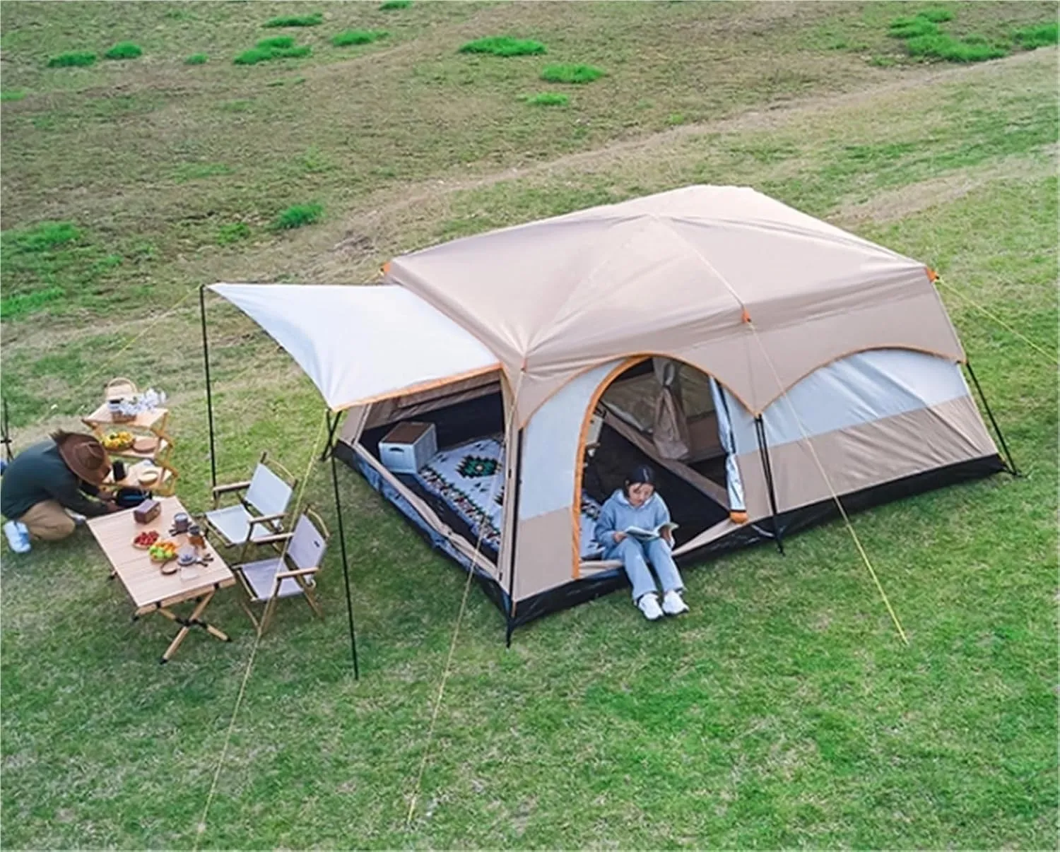 Large Tent with Two Rooms and One Living Room, Outdoor Folding Portable Windproof Camping, Thickened Rainproof, Outdoor Overnight Camping