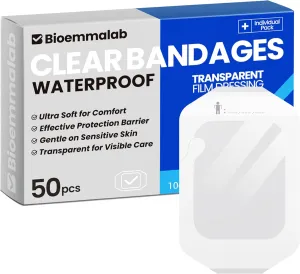 Large Waterproof Bandages Clear Dressings Tattoo Tape Sensitive Skin Wounds Care, Transparent Film Dressing Adhesive Occlusive Patch for Post Surgical Use, Medical Cover for Fragile Skin, 50 Packs