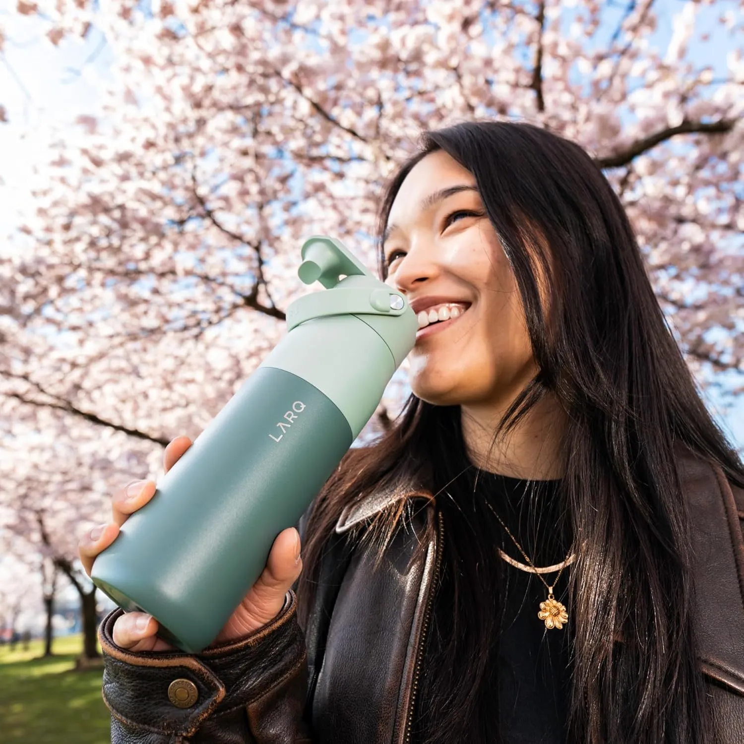 LARQ Bottle Swig Top 23oz - Insulated Stainless Steel Water Bottle With Built-In Silicone Handle | Thermos, BPA Free | Reusable Water Bottle for Sports, Gym, and Travel, Eucalyptus Green