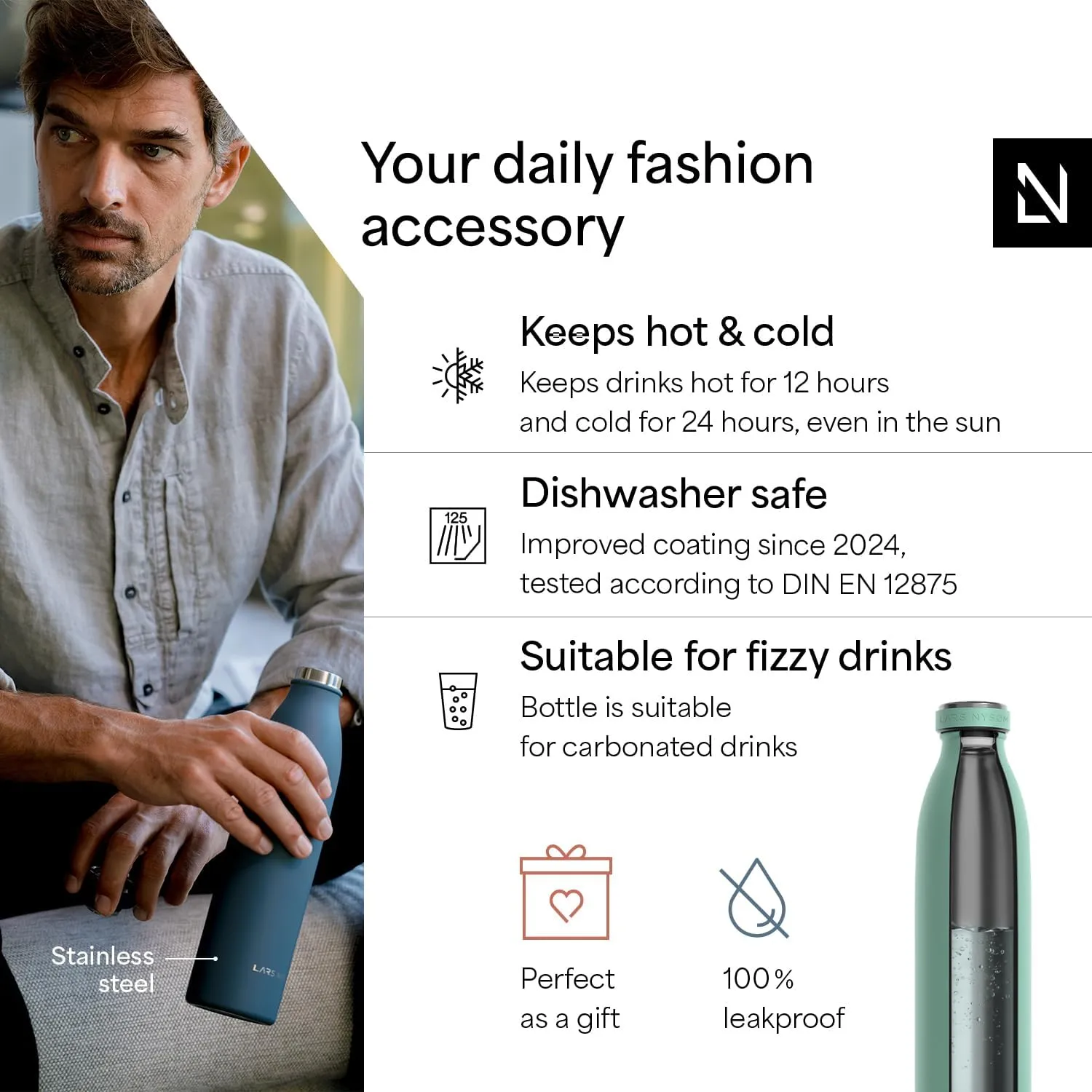 LARS NYSØM Stainless Steel Insulated Water Bottle 12oz 17oz 25oz 34oz 51oz | Insulated Thermo Flask for Hot and Cold Beverages | Leakproof Drinking Bottle (Aqua Turquoise, 17oz)