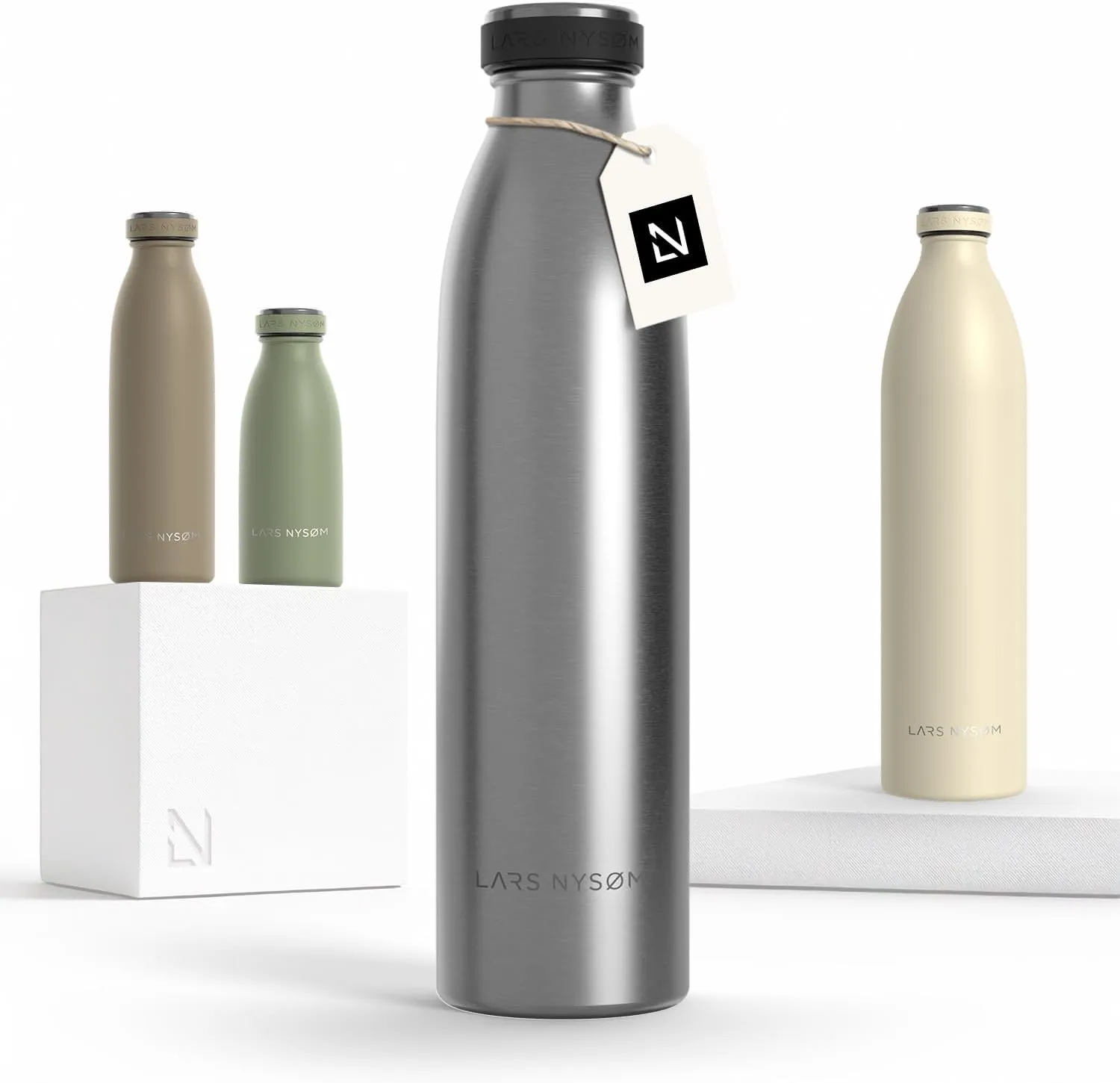 LARS NYSØM Stainless Steel Insulated Water Bottle 12oz 17oz 25oz 34oz 51oz | Insulated Thermo Flask for Hot and Cold Beverages | Leakproof Drinking Bottle (Stainless Steel, 25.4oz)