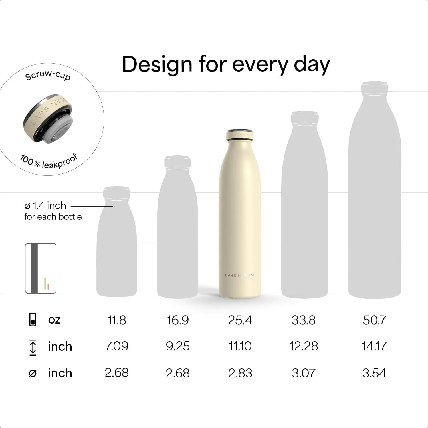 LARS NYSØM Stainless Steel Insulated Water Bottle 12oz 17oz 25oz 34oz 51oz | Insulated Thermo Flask for Hot and Cold Beverages | Leakproof Drinking Bottle (Stainless Steel, 25.4oz)