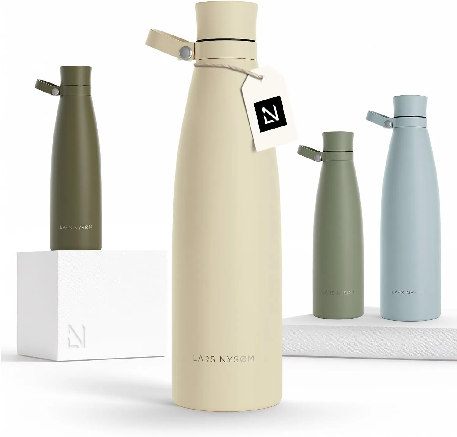 LARS NYSØM Stainless Steel Insulated Water Bottle 25oz 34oz | Insulated Thermo Flask for Hot and Cold Beverages | Leakproof Drinking Bottle (Almond Beige, 33.9oz)
