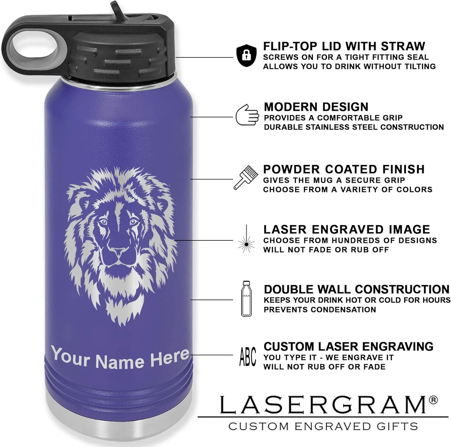 LaserGram Personalized Water Bottle, Trumpet, Stainless Steel Double Wall Vacuum Insulated with Flip Top Straw, Custom Engraved Gift (40oz / 1180ml Dark Purple)