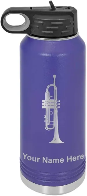 LaserGram Personalized Water Bottle, Trumpet, Stainless Steel Double Wall Vacuum Insulated with Flip Top Straw, Custom Engraved Gift (40oz / 1180ml Dark Purple)