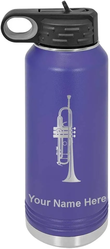 LaserGram Personalized Water Bottle, Trumpet, Stainless Steel Double Wall Vacuum Insulated with Flip Top Straw, Custom Engraved Gift (40oz / 1180ml Dark Purple)