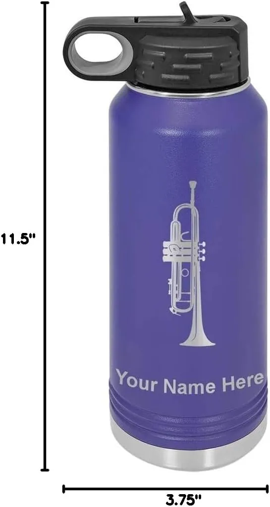LaserGram Personalized Water Bottle, Trumpet, Stainless Steel Double Wall Vacuum Insulated with Flip Top Straw, Custom Engraved Gift (40oz / 1180ml Dark Purple)