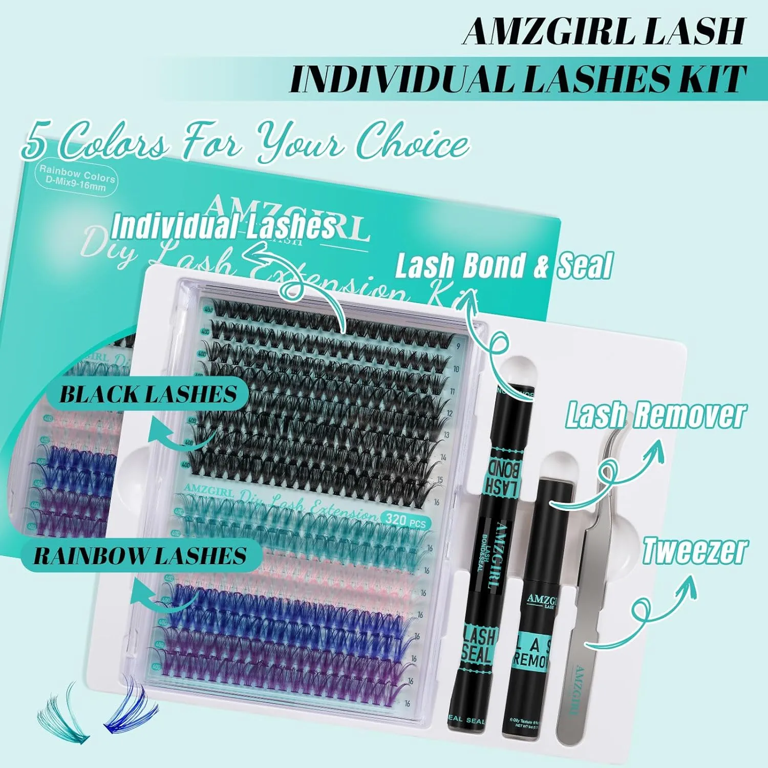 Lash Clusters Kit 320Pcs,40D Eyelash Extension Kit,Lash Bond and Seal Waterproof,Lash Remover for Colorful Individual Cluster Lashes Kit,Lash Applicator Tool for DIY Lash Extension Kit(D-Mix9-16mmKit)
