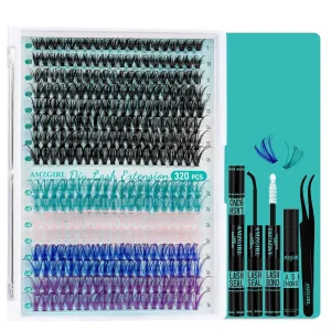 Lash Clusters Kit 320Pcs,40D Eyelash Extension Kit,Lash Bond and Seal Waterproof,Lash Remover for Colorful Individual Cluster Lashes Kit,Lash Applicator Tool for DIY Lash Extension Kit(D-Mix9-16mmKit)