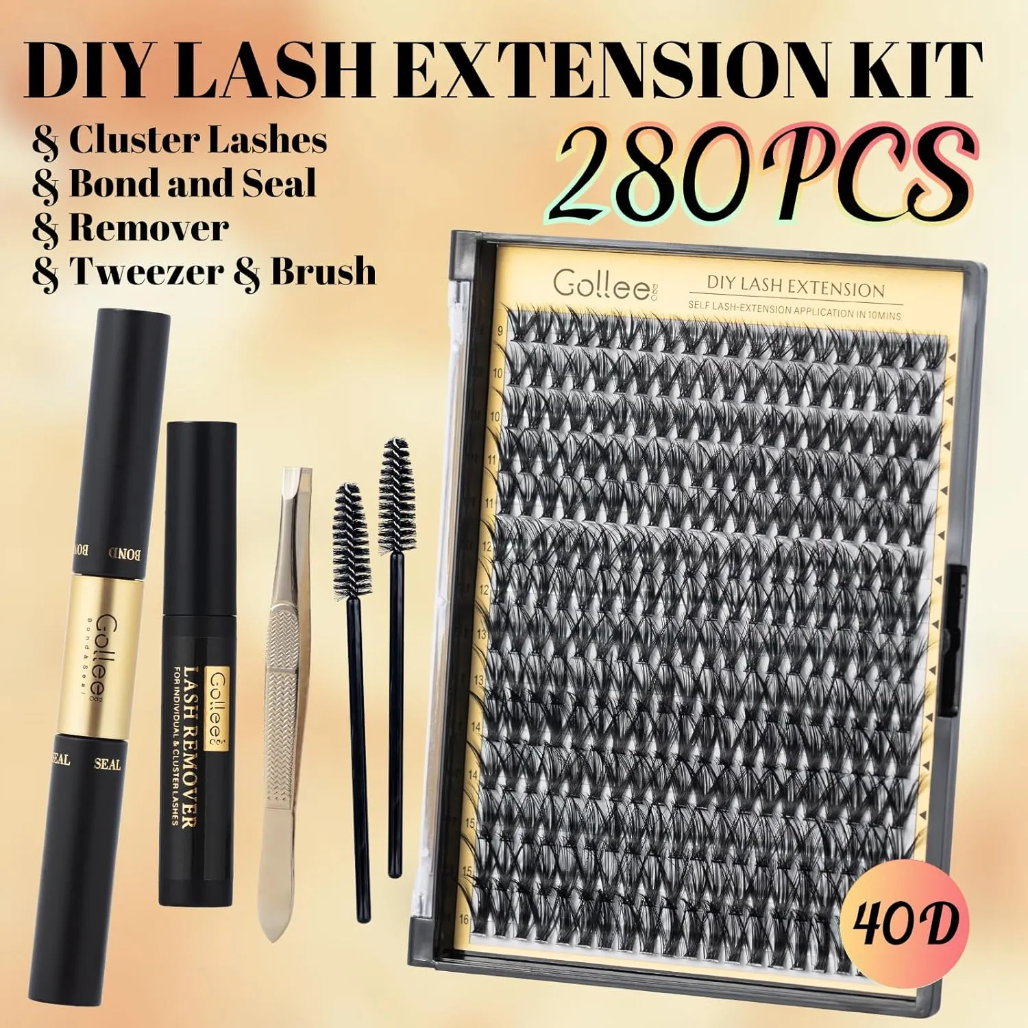 Lash Clusters Kit Individual Lash Extension Kit 280 PCS D Curl 9-16mm DIY Eyelash Extensions Kit with Lash Bond and Seal Waterproof and Cluster Lashes Glue Remover Lash Applicator by Gollee