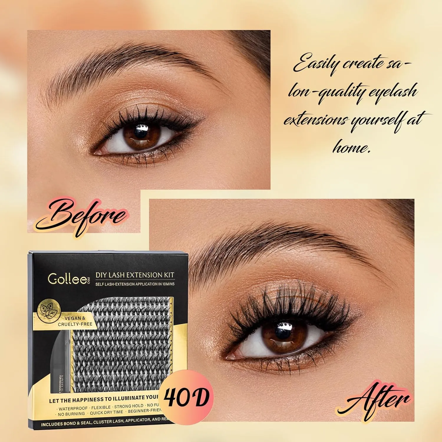 Lash Clusters Kit Individual Lash Extension Kit 280 PCS D Curl 9-16mm DIY Eyelash Extensions Kit with Lash Bond and Seal Waterproof and Cluster Lashes Glue Remover Lash Applicator by Gollee