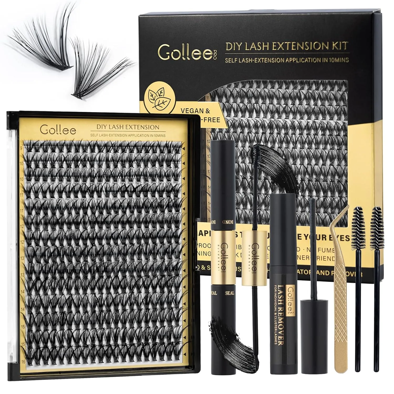 Lash Clusters Kit Individual Lash Extension Kit 280 PCS D Curl 9-16mm DIY Eyelash Extensions Kit with Lash Bond and Seal Waterproof and Cluster Lashes Glue Remover Lash Applicator by Gollee