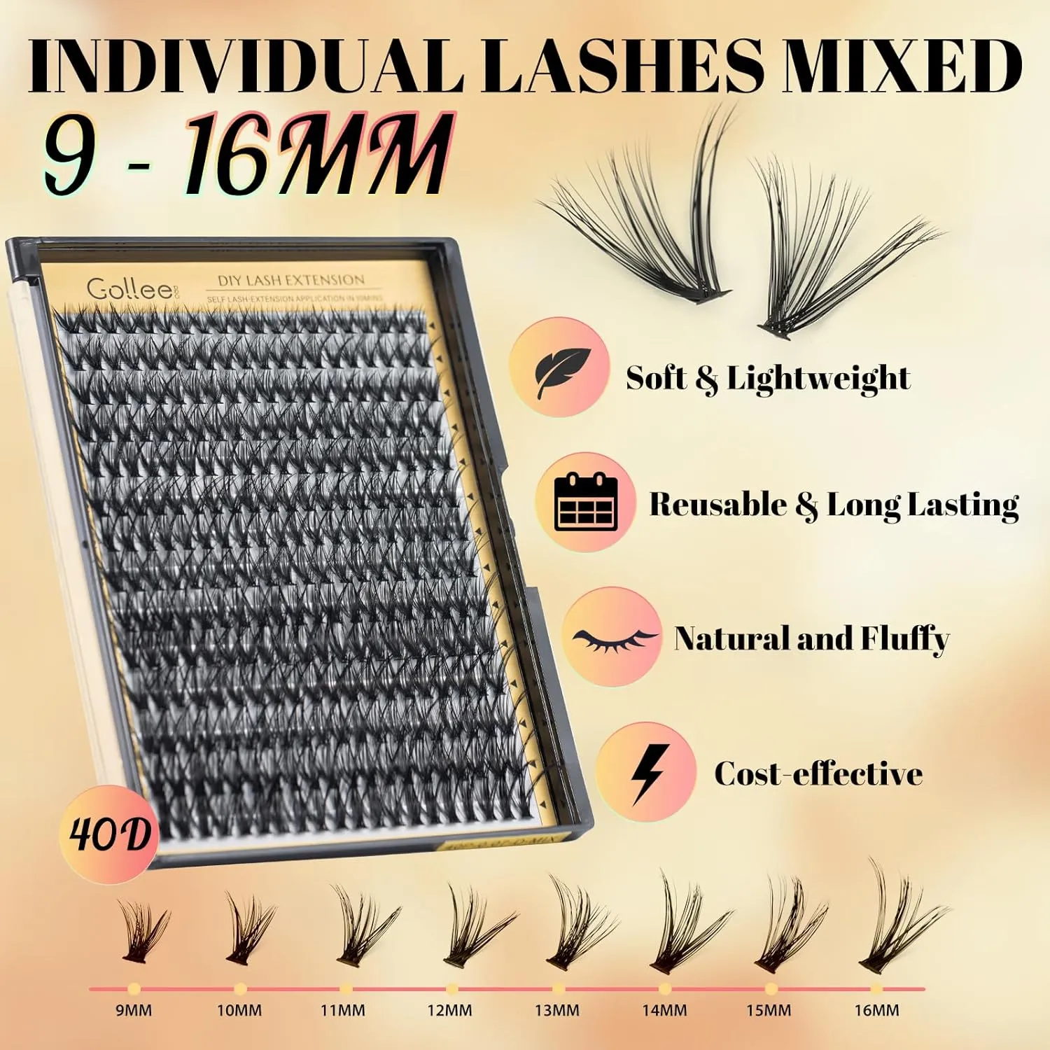 Lash Clusters Kit Individual Lash Extension Kit 280 PCS D Curl 9-16mm DIY Eyelash Extensions Kit with Lash Bond and Seal Waterproof and Cluster Lashes Glue Remover Lash Applicator by Gollee