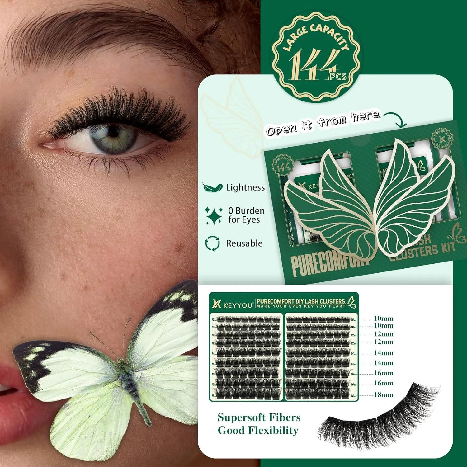 Lash Extension Kit 144pcs Thick Super Soft Lash Clusters,10-18mm D Curl Individual Lashes Kit with Bond and Seal Applicator and Brush Remover Easy to DIY at Home（PC03Kit-D-10-18MIX）