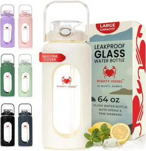 Leakproof Glass 64 oz Water Bottle With Straw - Pregnancy Water Bottle Tracker, Suitable for Sports, Travel, Gym and Daily Intake