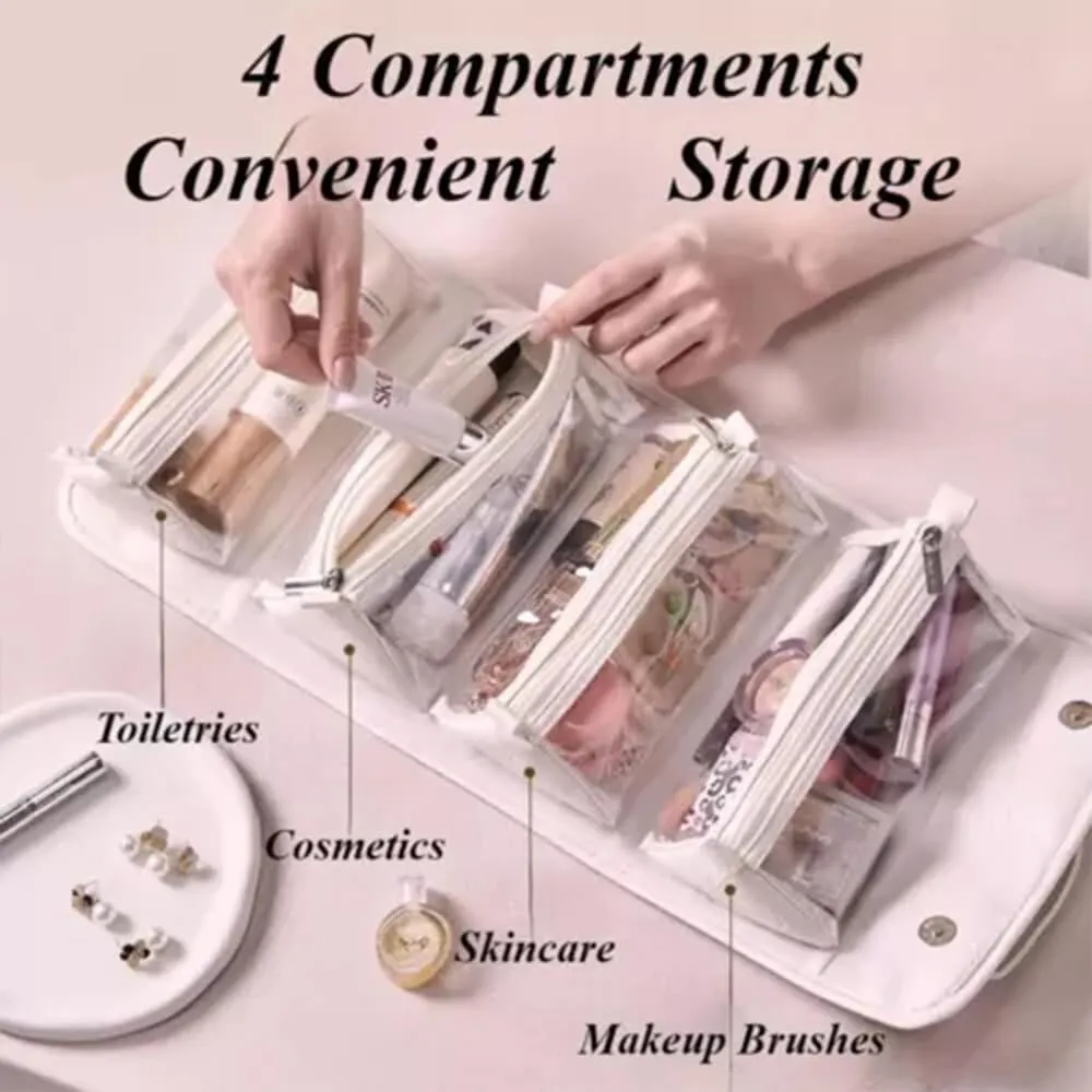Leather Waterproof Cosmetic Bag, 4 In 1 Roll Up Makeup Bag With 4 Detachable Clear Compartment, Multi Compartment Large Capacity Toiletry Travel Bag (Black Pink)