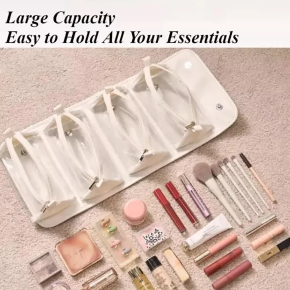 Leather Waterproof Cosmetic Bag, 4 In 1 Roll Up Makeup Bag With 4 Detachable Clear Compartment, Multi Compartment Large Capacity Toiletry Travel Bag (Black Pink)