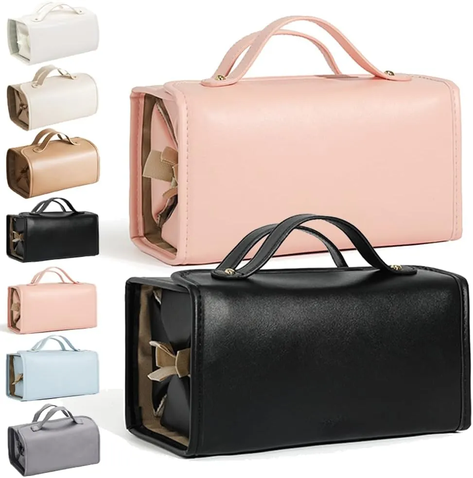 Leather Waterproof Cosmetic Bag, 4 In 1 Roll Up Makeup Bag With 4 Detachable Clear Compartment, Multi Compartment Large Capacity Toiletry Travel Bag (Black Pink)