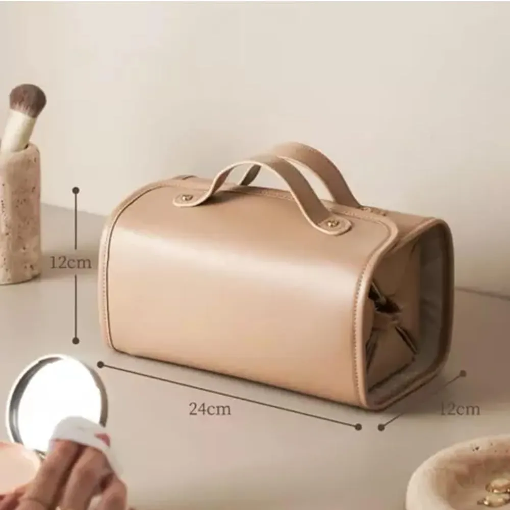 Leather Waterproof Cosmetic Bag, 4 In 1 Roll Up Makeup Bag With 4 Detachable Clear Compartment, Multi Compartment Large Capacity Toiletry Travel Bag (Black Pink)