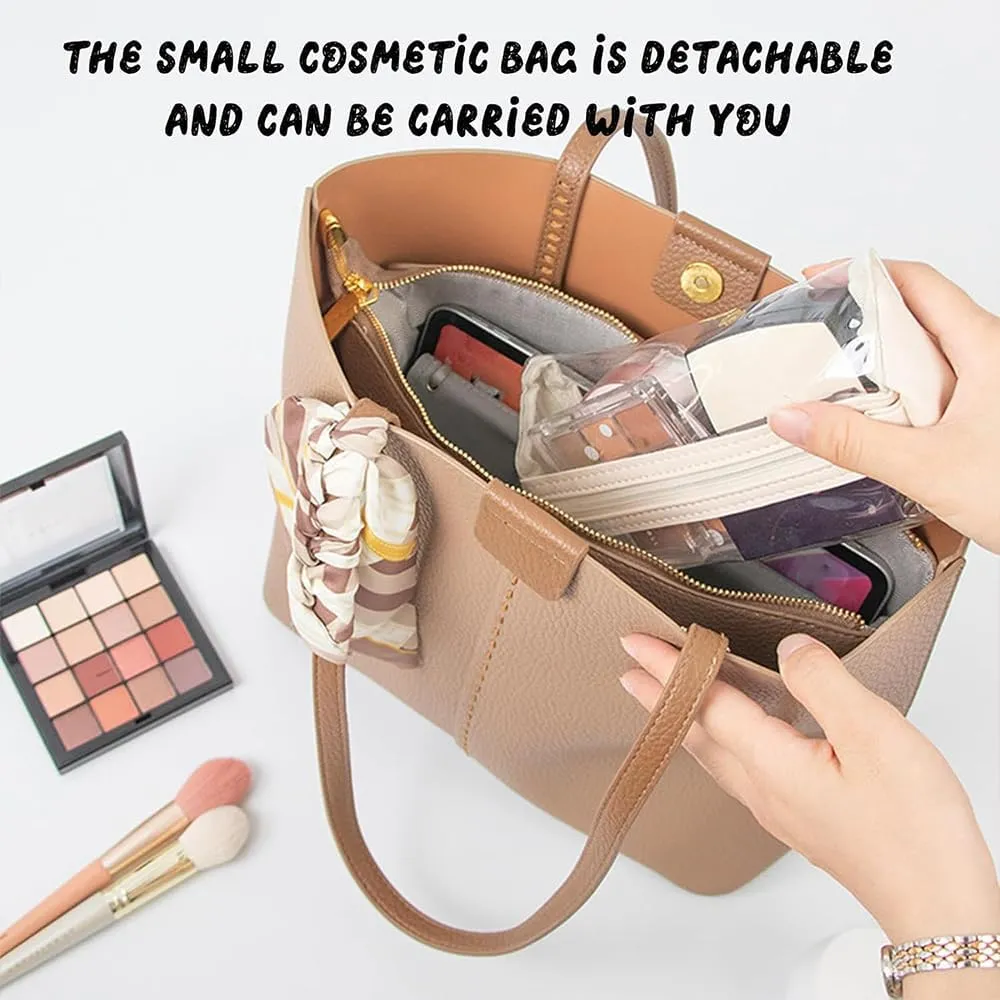 Leather Waterproof Cosmetic Bag, 4 In 1 Roll Up Makeup Bag With 4 Detachable Clear Compartment, Multi Compartment Large Capacity Toiletry Travel Bag (Black Pink)