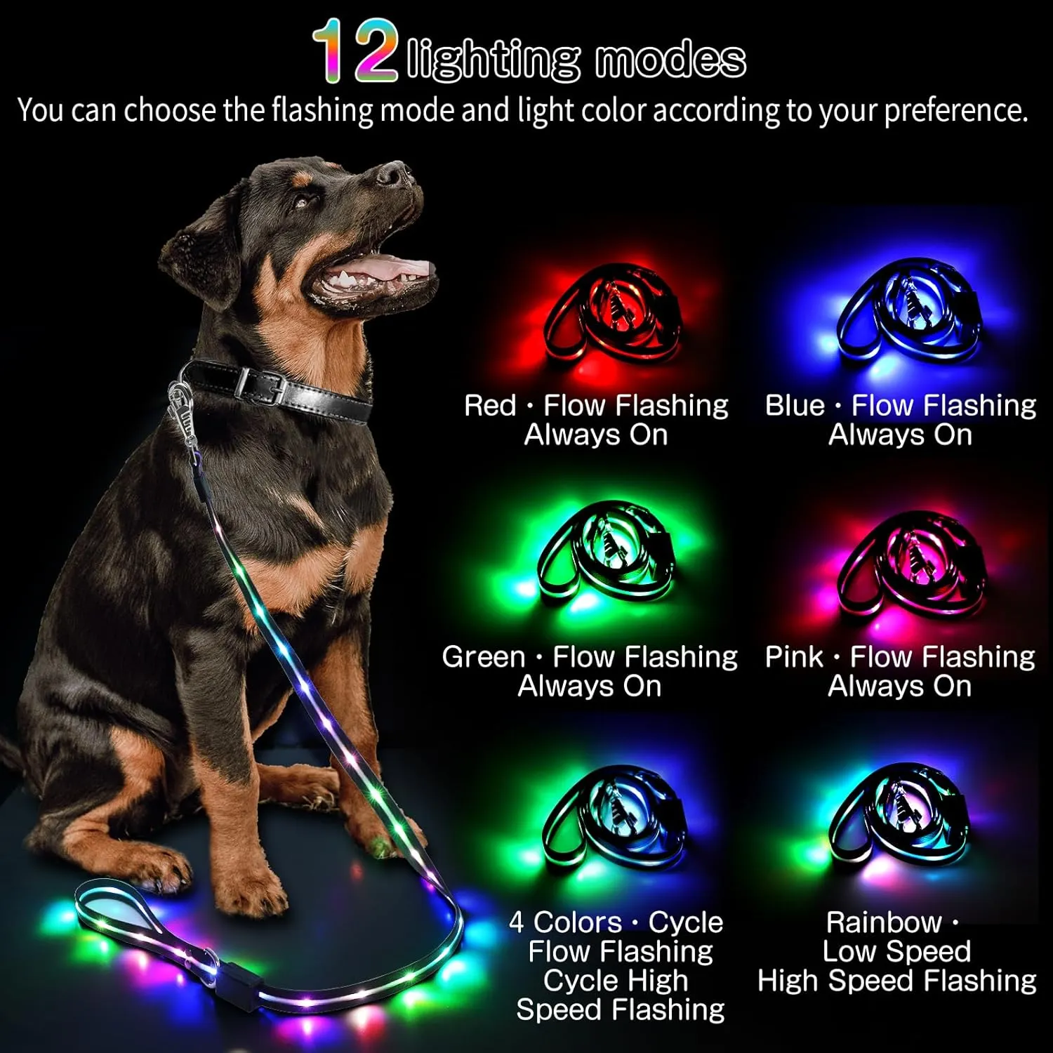 Led Dog Leash: 12 Lighting Modes Light Up Dog Leash Rechargeable - 5 Ft Lighted Dog Leashs for Night Walking Safety Glow in The Dark, Silicone Dog Leashs for Small Medium Large Dogs Walking at Night