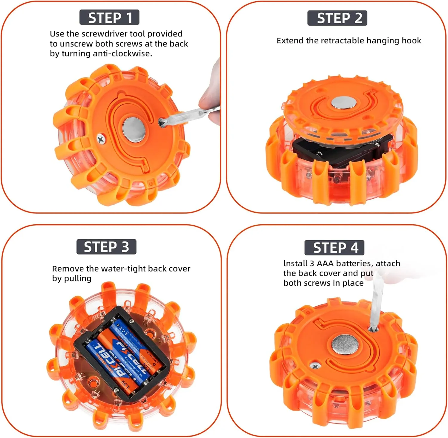 LED Road Flares Roadside Emergency car kit Emergency Road Flares Kit with Magnetic Base for Vehicles & Boat | 9 Flash Modes(with Batteries) (4Pack-Tool Kit)