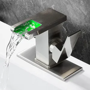 LED Waterfall Faucet - Brushed Nickel Single Hole Sink Faucet