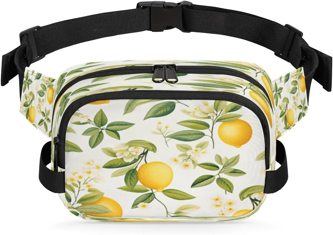 Lemon Flower Leaf Watercolour Waterproof Fanny Pack for Women Men Adjustable Waist Bag with Double Zipper Pockets Lightweight Square Hip Pack for Running Travel Hiking Workout Cycling